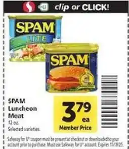 Safeway Spam Luncheon Meat offer