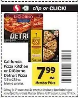 Safeway California Pizza Kitchen or DiGiorno Detroit Pizza offer