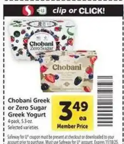 Safeway Chobani Greek or Zero Sugar Greek Yogurt offer