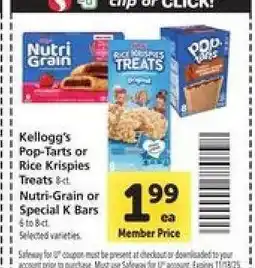 Safeway Kellogg's Pop Tarts or Rice Krispies Treats offer
