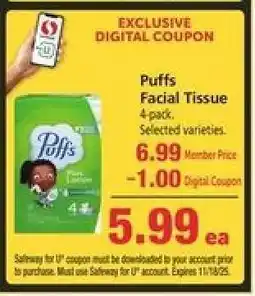 Safeway Puffs Facial Tissue offer