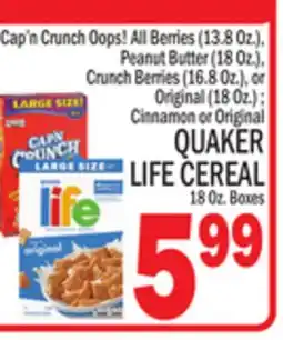 C Town QUAKER LIFE CEREAL 18 Oz. Boxes offer