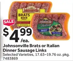 Stop&Shop Johnsonville Brats or Italian Dinner Sausage Links offer