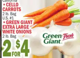 Bravo Supermarkets CELLO CARROTS, GREEN GIANT EXTRA LARGE WHITE ONIONS offer