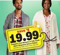 Meijer Tranquil & True Women's or Falls Creek Men's Sleepwear Sets or Robes offer
