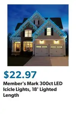 Sam's Club Member's Mark 300ct LED Icicle Lights, 18' Lighted Length offer