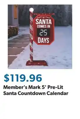 Sam's Club Member's Mark 5' Pre-Lit Santa Countdown Calendar offer
