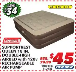Big 5 Coleman SupportRest Queen 18 Double High Airbed with 120V Rechargeable Air Pump offer