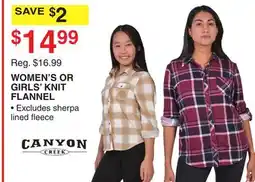 Dunham's Sports CANYON CREEK WOMEN'S OR GIRLS' KNIT FLANNEL offer