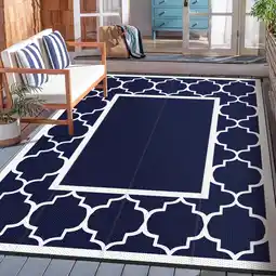 Walmart DEORAB Outdoor Rugs Waterproof Plastic Straw Mat 5'x8' Reversible RV Patio Deck Beach Blue & White offer