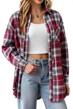 Walmart Plaid Shirts for Women Button Down Flannel Shirts Casual Loose Long Sleeve Blouses Tops offer