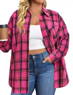 Walmart Plus Size Flannel Plaid Shirts for Women Long Sleeve Button Down Shirts Casual Loose Blouses Tops offer