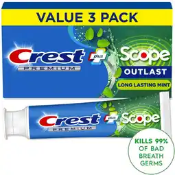 Walmart Crest Premium Plus Scope Outlast Toothpaste, Long Lasting Mint Flavor 5.2 oz, Pack of 3 offer