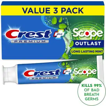 Walmart Crest Premium Plus Scope Outlast Toothpaste, Long Lasting Mint Flavor 5.2 oz, Pack of 3 offer