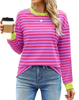 Walmart Striped Long Sleeve Shirts for Women Crewneck Tunic Tops Color Block Blouses Fall Pullover offer