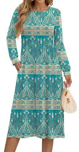 Walmart Long Sleeve Midi Dresses for Women Casual Floral Dress Flowy Fall Dresses with Pockets offer