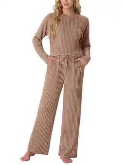 Walmart Women's Pajama Set Long Sleeve Lounge Set Ribbed knit Sleepwear Two Piece Pjs Set with Pocket offer