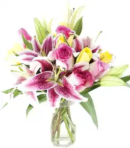 Walmart KaBloom : 5 Pink Roses, 5 Yellow Roses, 5 Stargazer Lilies, and Vase, Next-Day Delivery offer