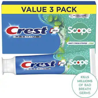 Walmart Crest Premium Plus Scope Toothpaste, Minty Fresh Flavor 5.2 oz, 3 Pk offer