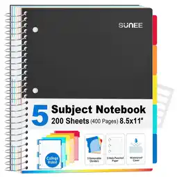 Walmart SUNEE 5 Subject College Ruled Spiral Notebook, 400 Pages, 8.5 x 11 Inches, Black offer