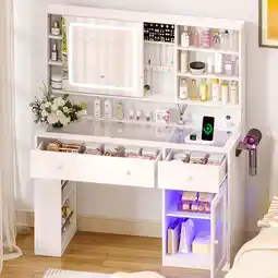 Walmart Ktaxon Makeup Vanity with Lighted Mirror, Vanity Table Set w/ Charging Station, Side Rack, White offer