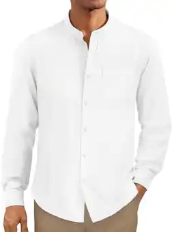Walmart Men's Linen Shirts Long Sleeve Button Down Shirt Band Collar Casual Summer Beach Shirts offer