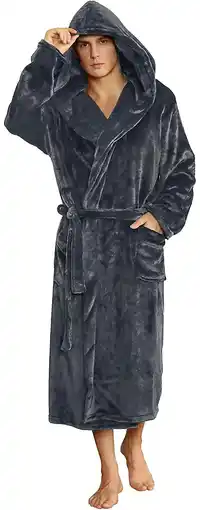 Walmart Mens Hooded Robe, Plush Soft Warm Mid Length Fleece Bathrobe for Men (Dark Grey Hooded,L-XL) offer