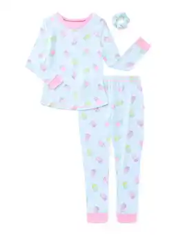 Walmart Girls Fitted Long Sleeve Top and Pants Pajamas with Scrunchie Set, 3-Piece, Sizes 4-14 offer