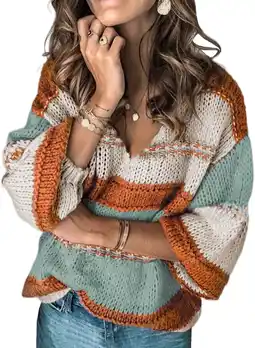 Walmart Womens Stripe Color Block Knitwear Sweater Winter Loose Slouchy Pullover Jumper Tops L 12-14 offer