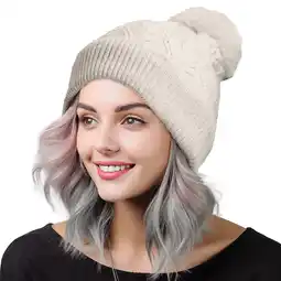 Walmart Cable Knit Pom Beanie Soft Stretch Skully Warm Fuzzy Faux Sherpa Winter Ski Beanie in Cream offer