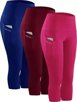 Walmart Womens Tummy Control High Waist Capri Yoga Leggings with Pocket,Blue+Wine Red+Rose Red,US Size S offer