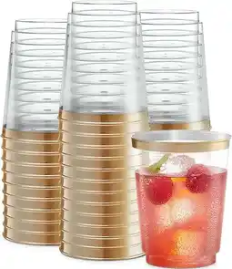 Walmart PLASTICPRO 10 Oz Gold Rimmed Disposable Cups Plastic Tumblers Party Cups, 50-Pack offer