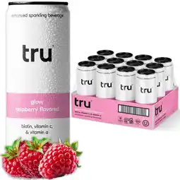 Walmart Tru Glow Seltzer Sparkling Water Raspberry Flavored Biotin Drink 12 Pack 12 oz offer