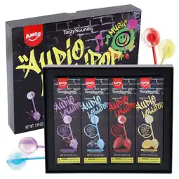 Walmart Amos Music Lollipop Gift Box, Hip hop Music Lollipops Mixed Fruit Flavor Sugar-Free Candy (4Counts) offer