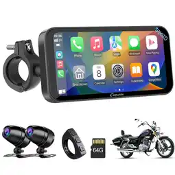Walmart Carpuride Motorcycle CarPlay Screen, Dual 1080P Dash Cameras, IP67 Waterproof, Touch Screen (603D) offer