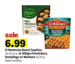 Meijer El Monterey Boxed Taquitos 18-24.15 oz. or Bibigo Potstickers, Dumplings or Wontons 20-24 oz offer