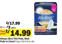 Meijer Always Ultra Thin Pads, Maxi Pads or Liners offer
