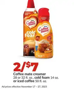 Hy-Vee Coffee mate creamer 28 or 32 fl. oz., cold foam 14 oz. or iced coffee 50 fl. oz offer