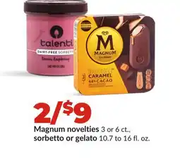 Hy-Vee Magnum novelties 3 or 6 ct., sorbetto or gelato 10.7 to 16 fl. oz offer