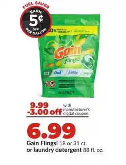 Hy-Vee Gain Flings! 18 or 31 ct. or laundry detergent 88 fl. oz offer