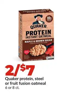 Hy-Vee Quaker protein, steel or fruit fusion oatmeal offer