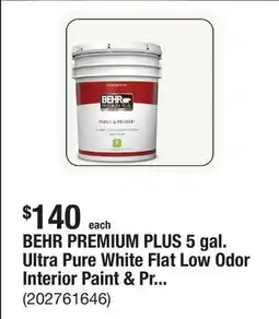 The Home Depot BEHR PREMIUM PLUS 5 gal. Ultra Pure White Flat Low Odor Interior Paint & Primer offer