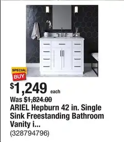 The Home Depot ARIEL Hepburn 42 in. Single Sink Freestanding Bathroom Vanity in White with Carrara White Quartz Top offer