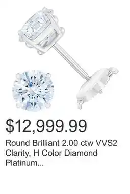 Costco Round Brilliant 2.00 ctw VVS2 Clarity, H Color Diamond Platinum Stud Earrings offer