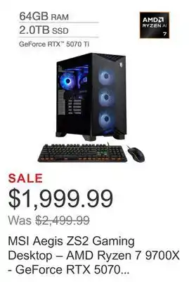 Costco MSI Aegis ZS2 Gaming Desktop – AMD Ryzen 7 9700X - GeForce RTX 5070 Ti – 2TB – Windows 11 offer