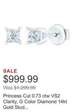 Costco Princess Cut 0.73 ctw VS2 Clarity, G Color Diamond 14kt Gold Stud Earrings offer