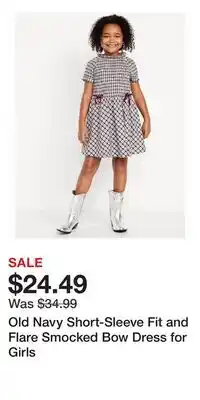 Old Navy Old Navy Short-Sleeve Fit and Flare Smocked Bow Dress for Girls offer