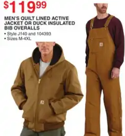 Dunham's Sports CARHARTT MEN'S QUILT LINED ACTIVE JACKET OR DUCK INSULATED BIB OVERALLS offer