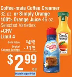 Smart & Final Coffee-mate Coffee Creamer or Simply Orange 100% Orange Juice offer