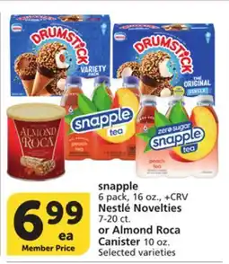 Albertsons snapple 6 pack, 16 oz., + CRV Nestlé Novelties 7-20 ct. or Almond Roca Canister 10 oz offer